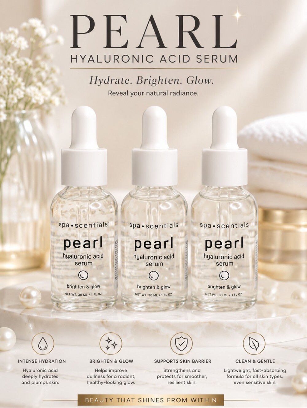 PEARL HYALURONIC ACID FACIAL SERUM BY SPA•SCENTIALS BRIGHTEN & GLOW 3-PIECES
